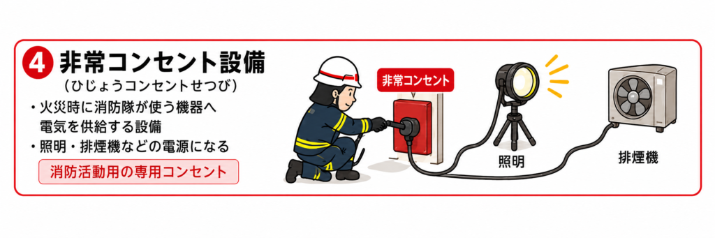 非常コンセント設備の説明イラスト｜消防隊が使う電源設備
