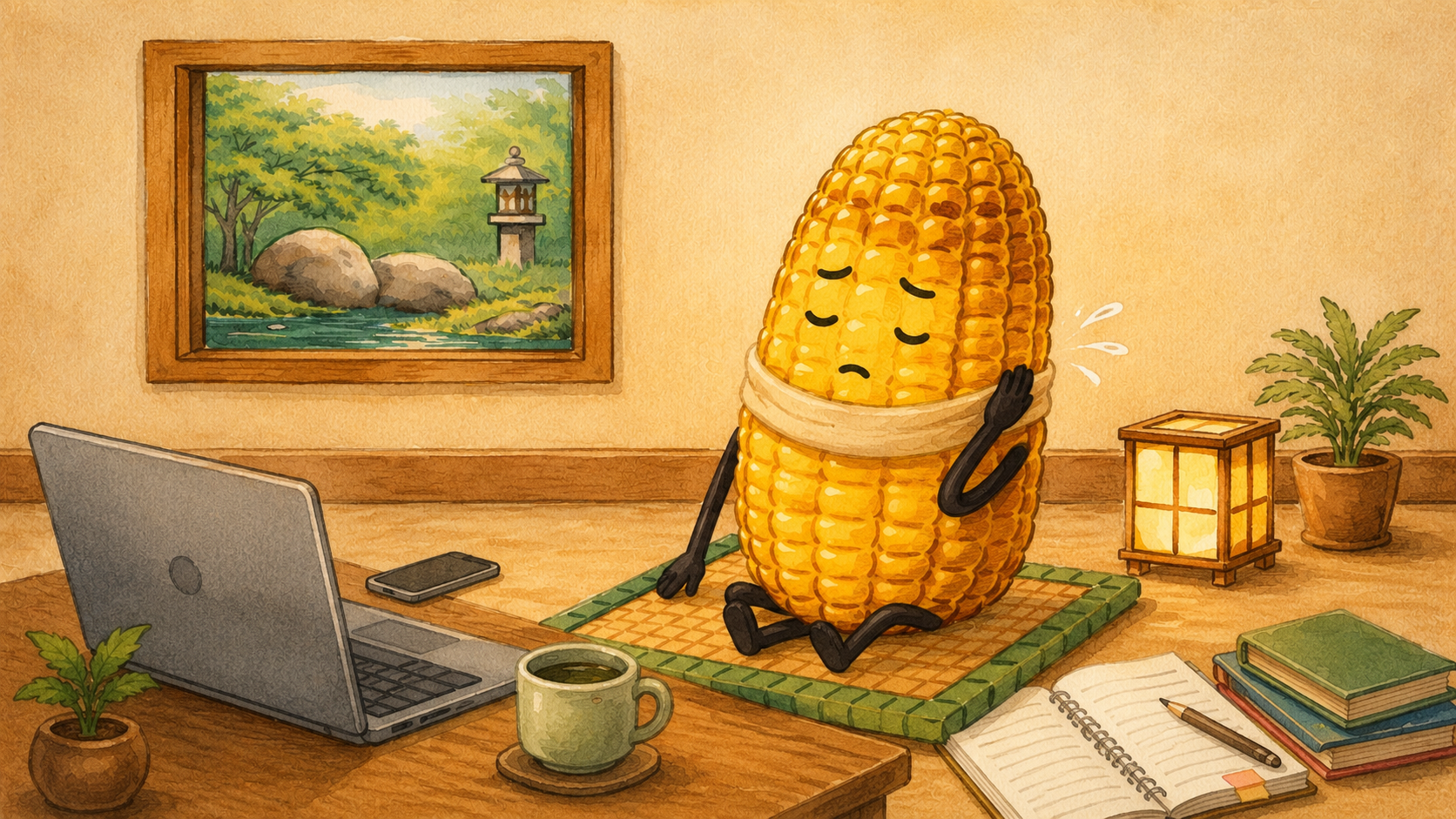 首にサポーターを巻いた焼きもろこしのキャラクターが、パソコンやスマホ、勉強道具のそばで休んでいる水彩風イラスト
